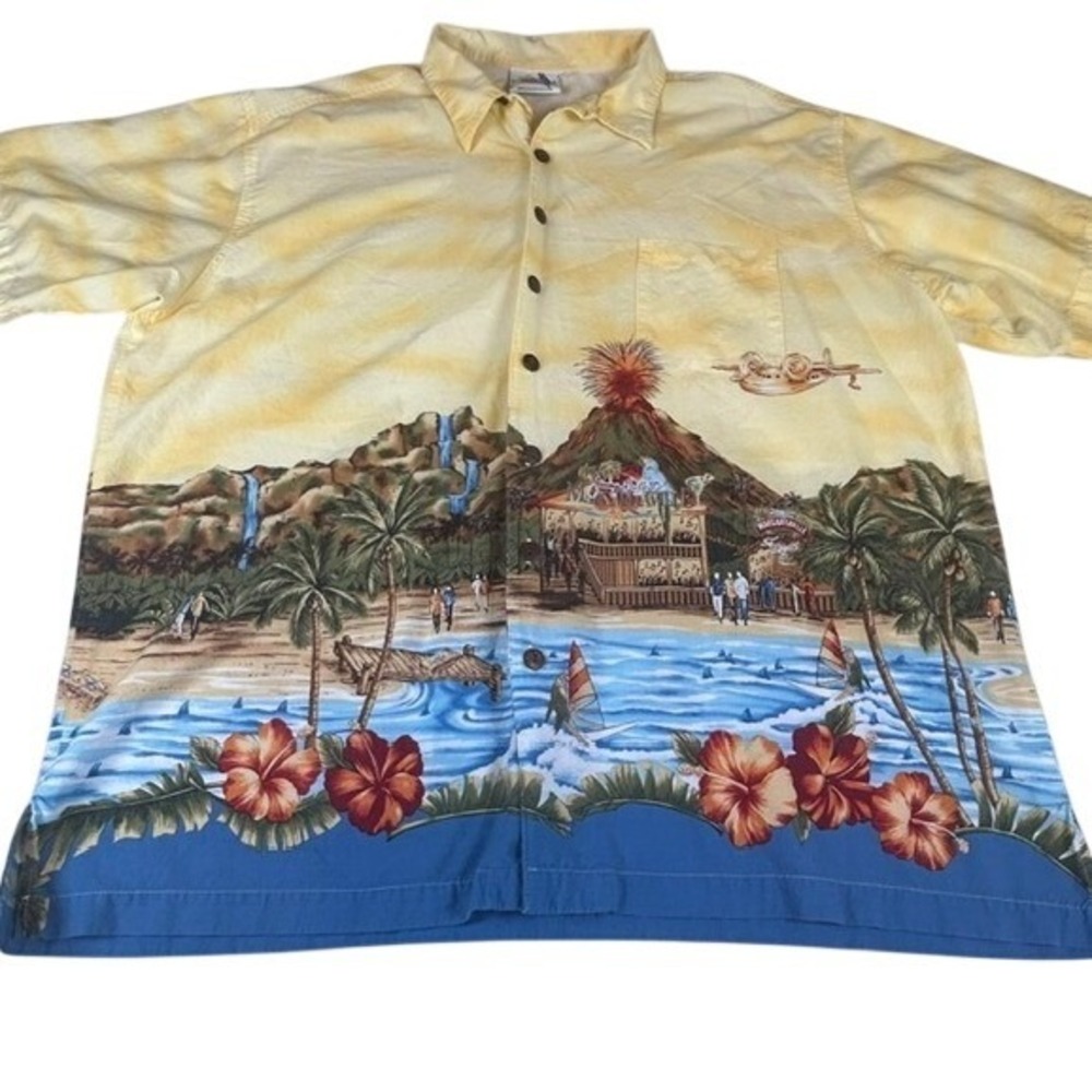 Margaritaville Men's Tropical Aloha Yellow Volcano Vacation Button Up Shirt 2XL
